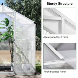 6x4 FT Greenhouse for Outdoors, Polycarbonate Greenhouse with Quick Setup Structure and Roof Vent, Aluminum Large Walk-in Greenhouse for Outside Garden Backyard, Silver