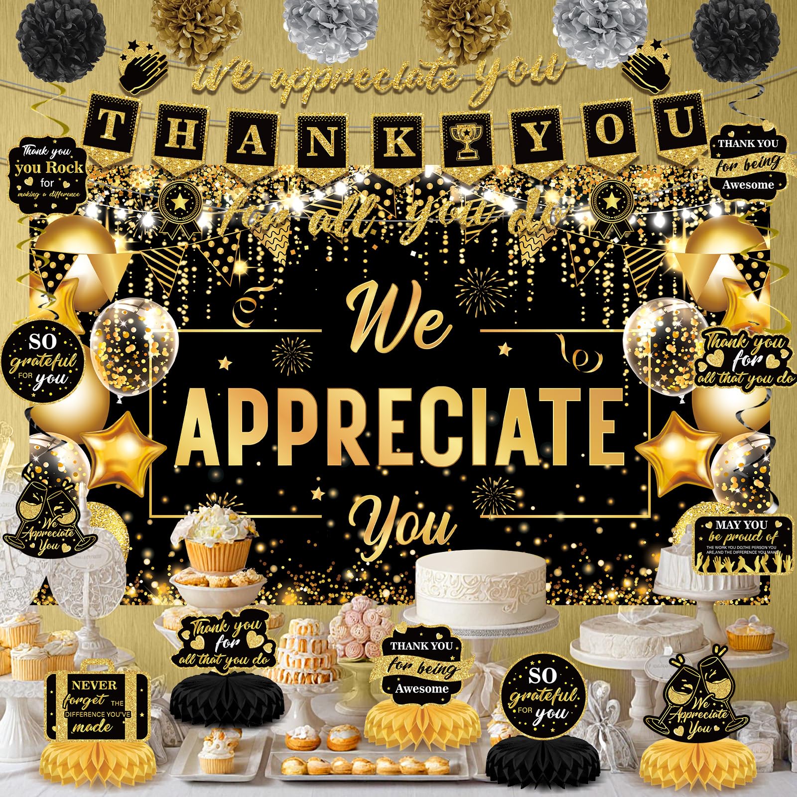 We Appreciate You Decorations Black Gold Thank You for All You Do Banner Honeycomb Centerpieces Hanging Swirls Employee Staff Appreciation Gifts Pastor Teacher Appreciation Fathers Day Party Decor