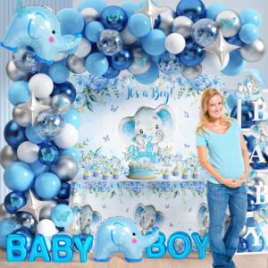 Elephant Baby Shower Decorations for Boy Elephant Themd Birthday Party Supplies Baby Boxes Balloon Garland It's a Boy Backdrop Tablecloth Cake Toppers Elephant Foil Balloon for Boy Baby Shower Decor