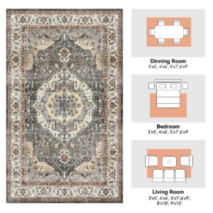 8x10 Washable Area Rugs, Boho Rug with Non-Slip Backing Non Shedding Rugs for Living Room Bedroom Kitchen Entryway Distressed Vintage Low Pile Rug (8 x 10 Brown Multi)