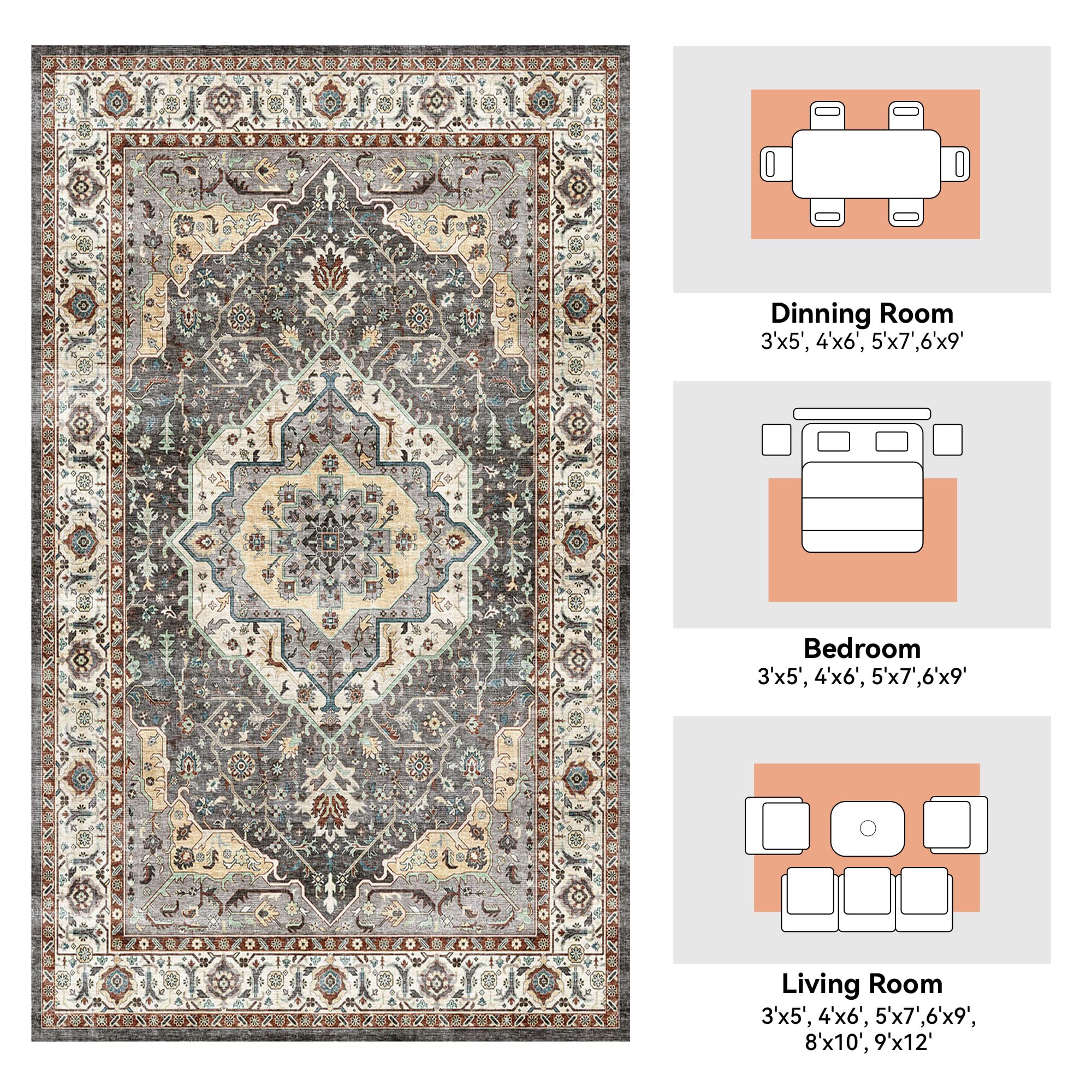 8x10 Washable Area Rugs, Boho Rug with Non-Slip Backing Non Shedding Rugs for Living Room Bedroom Kitchen Entryway Distressed Vintage Low Pile Rug (8 x 10 Brown Multi)