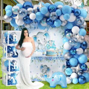 Elephant Baby Shower Decorations for Boy Elephant Themd Birthday Party Supplies Baby Boxes Balloon Garland It's a Boy Backdrop Tablecloth Cake Toppers Elephant Foil Balloon for Boy Baby Shower Decor