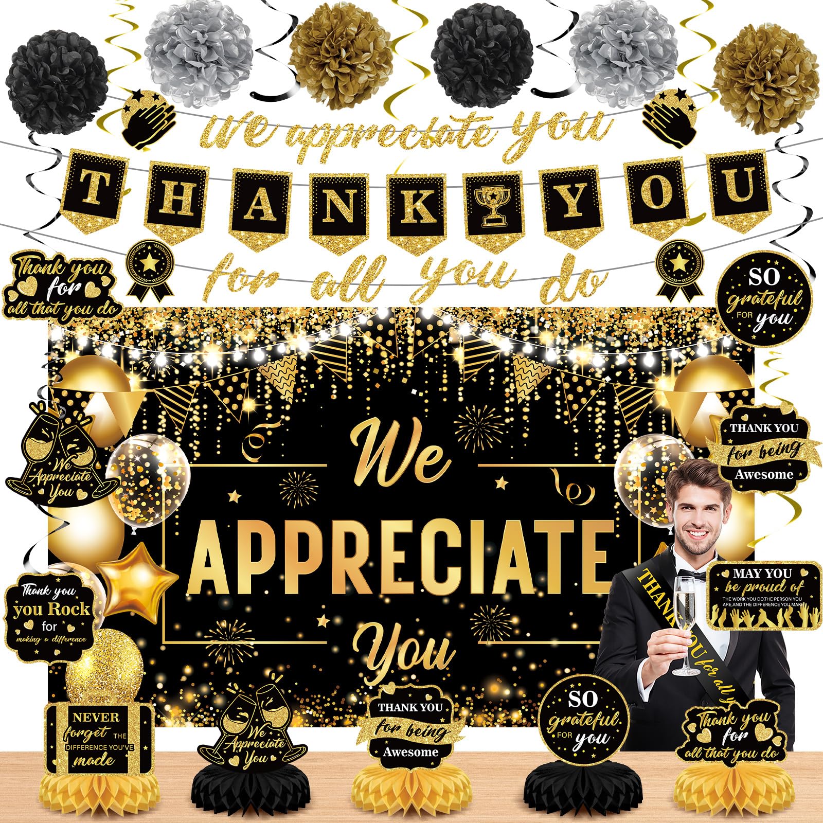 We Appreciate You Decorations Black Gold Thank You for All You Do Banner Honeycomb Centerpieces Hanging Swirls Employee Staff Appreciation Gifts Pastor Teacher Appreciation Fathers Day Party Decor