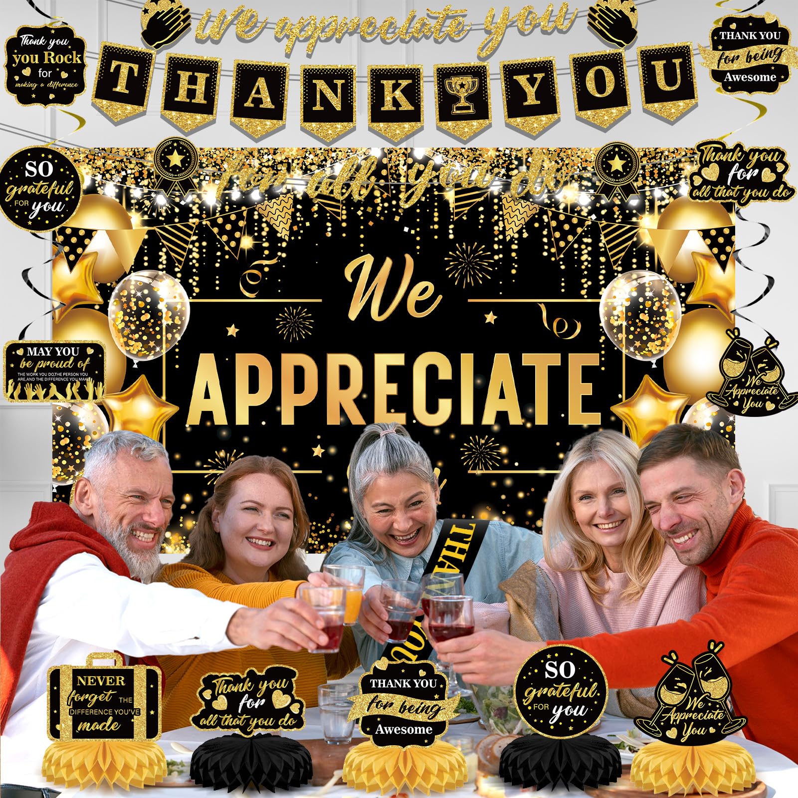 We Appreciate You Decorations Black Gold Thank You for All You Do Banner Honeycomb Centerpieces Hanging Swirls Employee Staff Appreciation Gifts Pastor Teacher Appreciation Fathers Day Party Decor