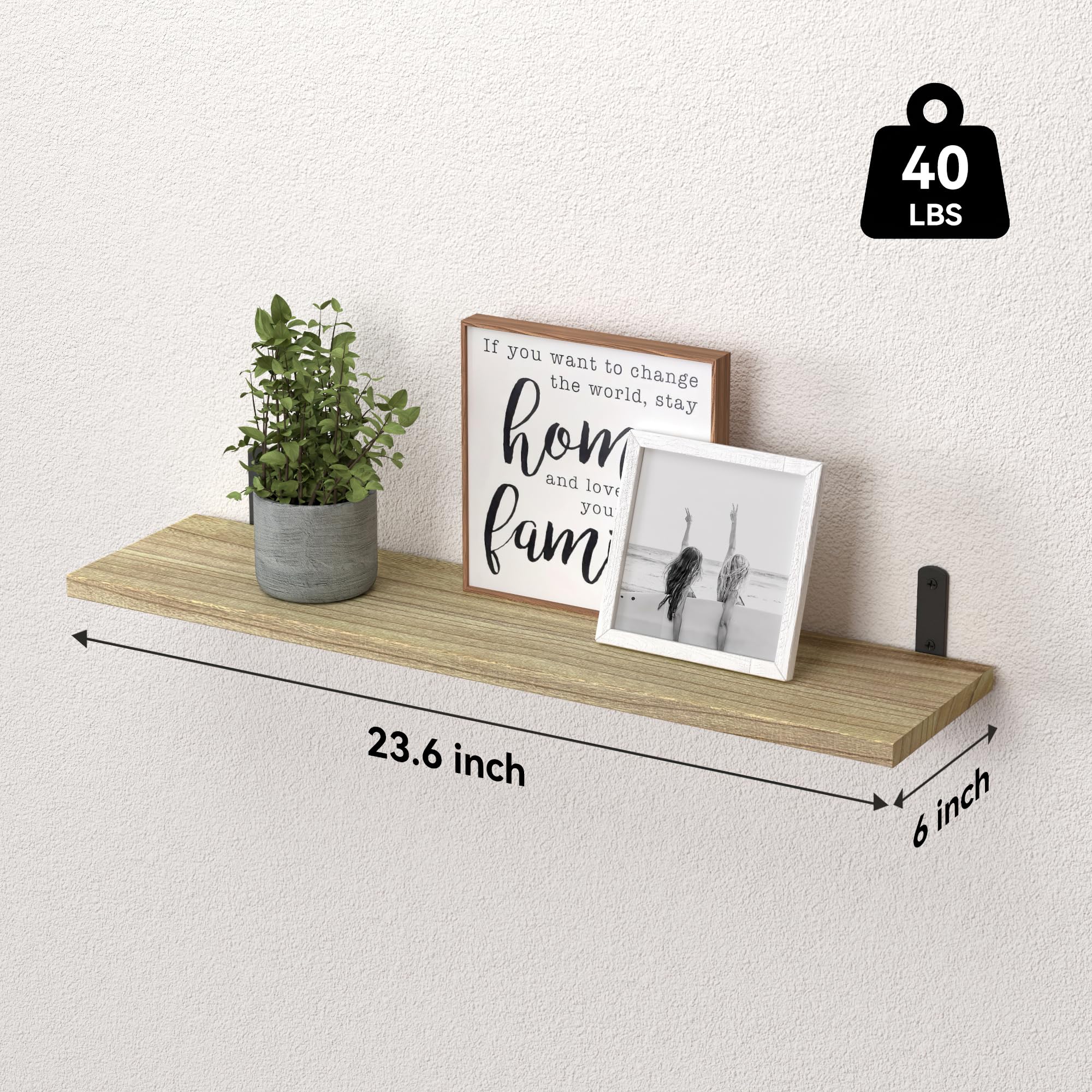 WOPITUES Wood Floating Shelves Set of 6, 24 inch Long Floating Shelves for Wall Decor, Farmhouse Shelf for Bedroom, Bathroom Storage Shelves, Book Shelves for Living Room - Rustic Brown