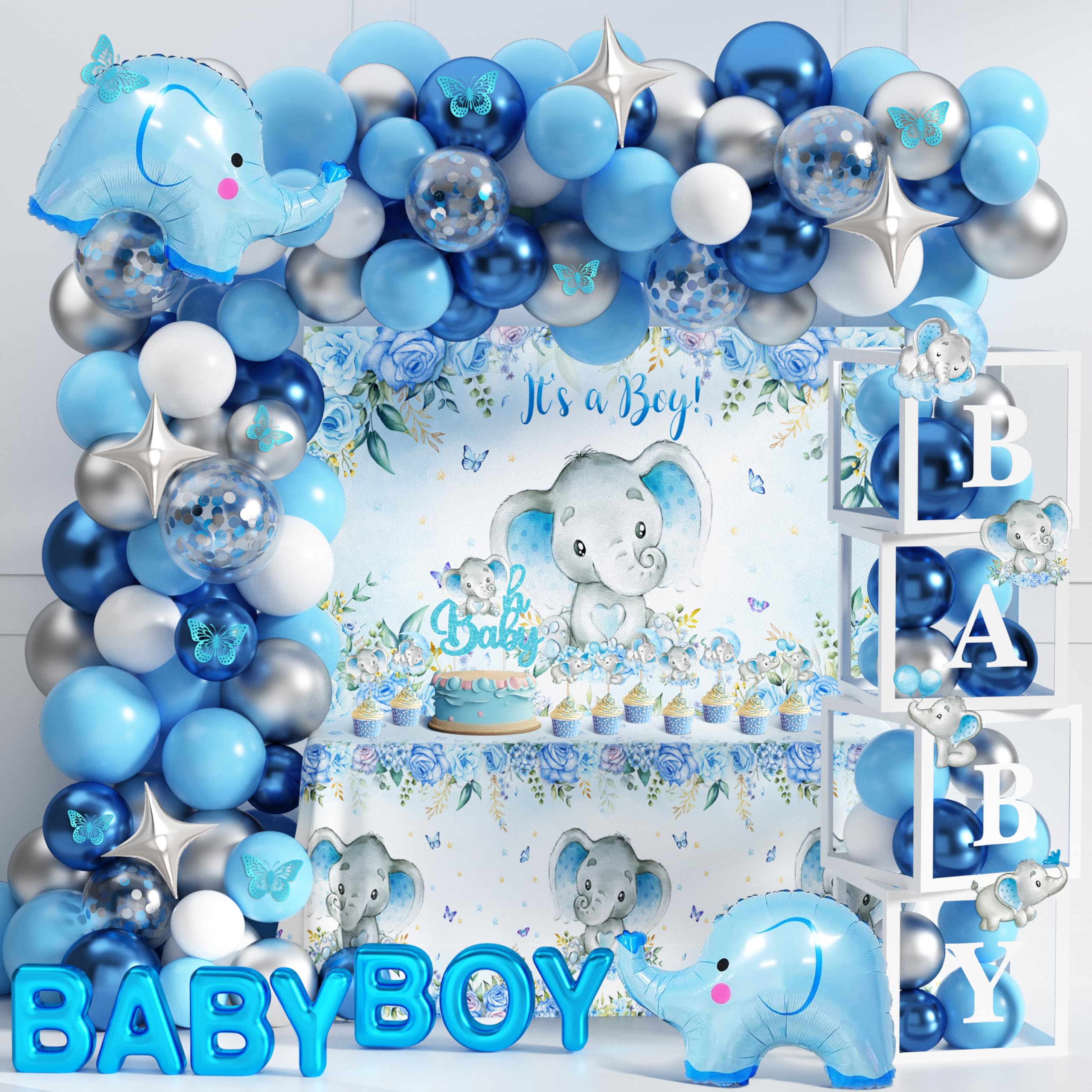 Elephant Baby Shower Decorations for Boy Elephant Themd Birthday Party Supplies Baby Boxes Balloon Garland It's a Boy Backdrop Tablecloth Cake Toppers Elephant Foil Balloon for Boy Baby Shower Decor