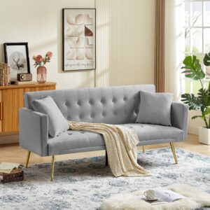 Anwick Modern Velvet Futon Sofa Bed: 72" Satin Convertible 2 Pillows Tufted Back Golden Metal Legs Folding Sleeper Loveseat for Small Space Home Office Living Room (Grey)