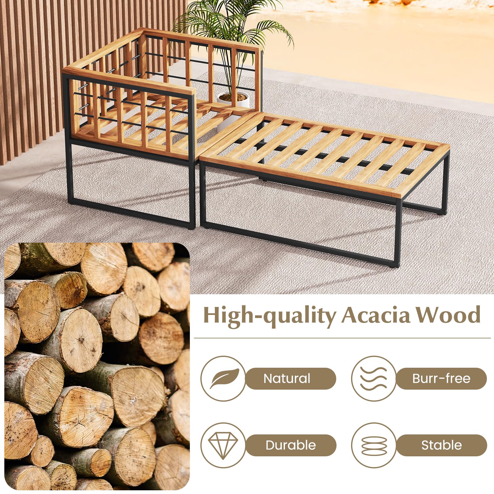 Tangkula Outdoor Chaise Lounge Chair, Acacia Wood Heavy Duty 1200 lbs Weight Capacity Wooded Patio Chair and Ottoman Set for Backyard, Poolside, Garden Deck or Balcony