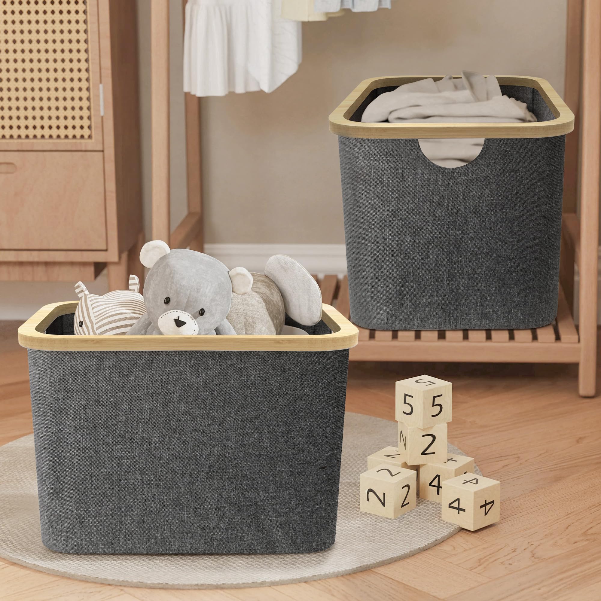 2 Pack Large Storage Basket for Organizing, Collapsible Fabric Storage Bins With Bamboo Handles, Closet Storage basket for Organizing Toy Books Towel and Clothes(Grey) 17.7 × 13.7 × 12inch