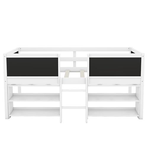 Low Loft Bed with 2 Movable Storage Shelves,Loft Bed with Chalkboard and Ladder,Twin Loft Bed Frames for Kids,Kids Twin Bed Frame Kid Bed Loft Bed for Kids,No Box Spring Needed,White