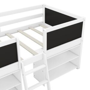 Low Loft Bed with 2 Movable Storage Shelves,Loft Bed with Chalkboard and Ladder,Twin Loft Bed Frames for Kids,Kids Twin Bed Frame Kid Bed Loft Bed for Kids,No Box Spring Needed,White