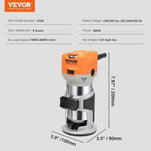 VEVOR Wood Router, 1.25HP 800W, Compact Wood Trimmer Router Tool, 30000RPM Max Speed 6 Variable Speeds, with 1/4'' & 5/16'' Collets 12 PCs Milling Cutters Dust Hood, for Woodworking Slotting Trimming