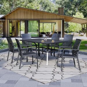 virvla 7 pieces patio dining set outdoor furniture with 6 stackable aluminum/resin chairs and rectangular steel table for yard, garden, porch and poolside - black