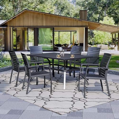 Virvla 7 Pieces Patio Dining Set Outdoor Furniture with 6 Stackable Aluminum/Resin Chairs and Rectangular Steel Table for Yard, Garden, Porch and Poolside - Black