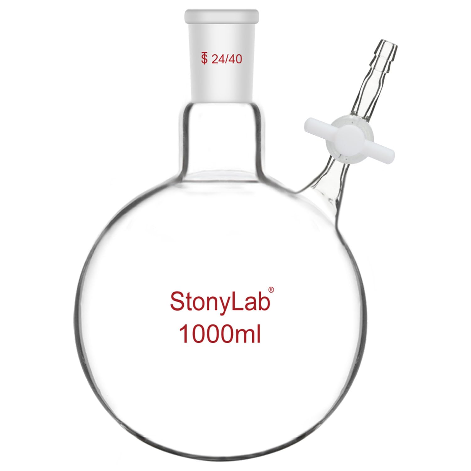 stonylab Reaction Flask, Borosilicate Glass Single-Neck Reaction Flask with 24/40 Joint and PTFE Stopcock Valve Round Bottom Flask, 1000 ml