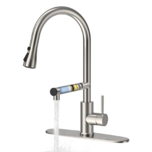 kitchen faucet, 2024 upgraded filter water kitchen faucet with pull down sprayer, brushed nickel stainless steel high arc 1 or 3 hole kitchen sink faucet for remove chorine and harmful substances