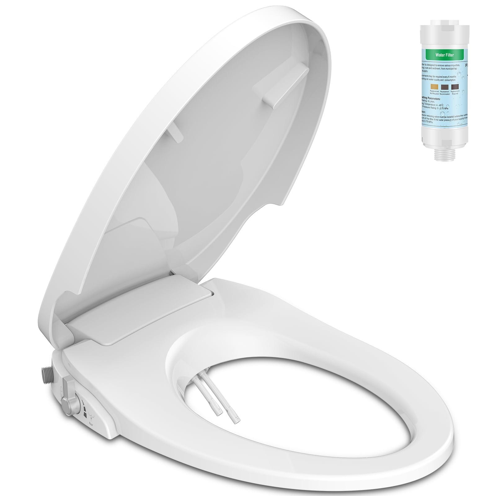 iliD Bidet Seats Bidet Toilet Seat, Elongated Toilet Seat, Non-Electric Self Cleaning Dual Nozzles, Quiet-Close, Easy Installation, Equipped With Water Filter, 1 Year Warranty