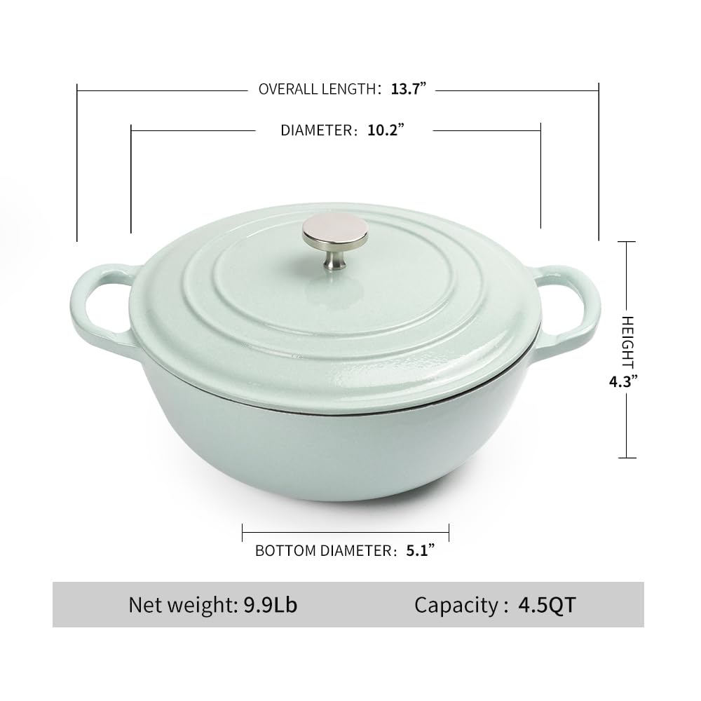 M-COOKER 4.5 Quart Dutch Oven Pot with Lid: Versatile Cast Iron Enamel Dutch Oven for Sourdough Bread Baking or Frying, Roasting, and Simmering(Green), 13.7Lx10.2Wx6H