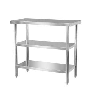 rovsun stainless steel table with 2 shelves 36 x 18 inch, nsf commercial heavy duty prep & work table, metal utility table for kitchen, restaurant, home, hotel, garage