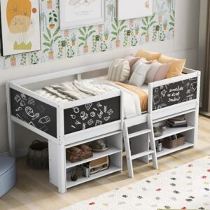 low loft bed with 2 movable storage shelves,loft bed with chalkboard and ladder,twin loft bed frames for kids,kids twin bed frame kid bed loft bed for kids,no box spring needed,white