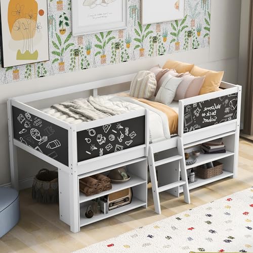 Low Loft Bed with 2 Movable Storage Shelves,Loft Bed with Chalkboard and Ladder,Twin Loft Bed Frames for Kids,Kids Twin Bed Frame Kid Bed Loft Bed for Kids,No Box Spring Needed,White