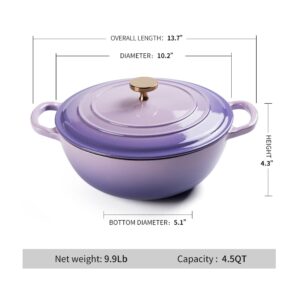 M-COOKER 4.5 Quart Dutch Oven Pot with Lid: Versatile Cast Iron Enamel Dutch Oven for Sourdough Bread Baking or Frying, Roasting, and Simmering(Purple), 13.7Lx10.2Wx6H