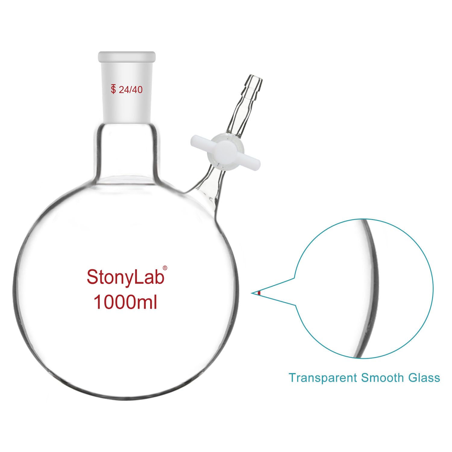 stonylab Reaction Flask, Borosilicate Glass Single-Neck Reaction Flask with 24/40 Joint and PTFE Stopcock Valve Round Bottom Flask, 1000 ml