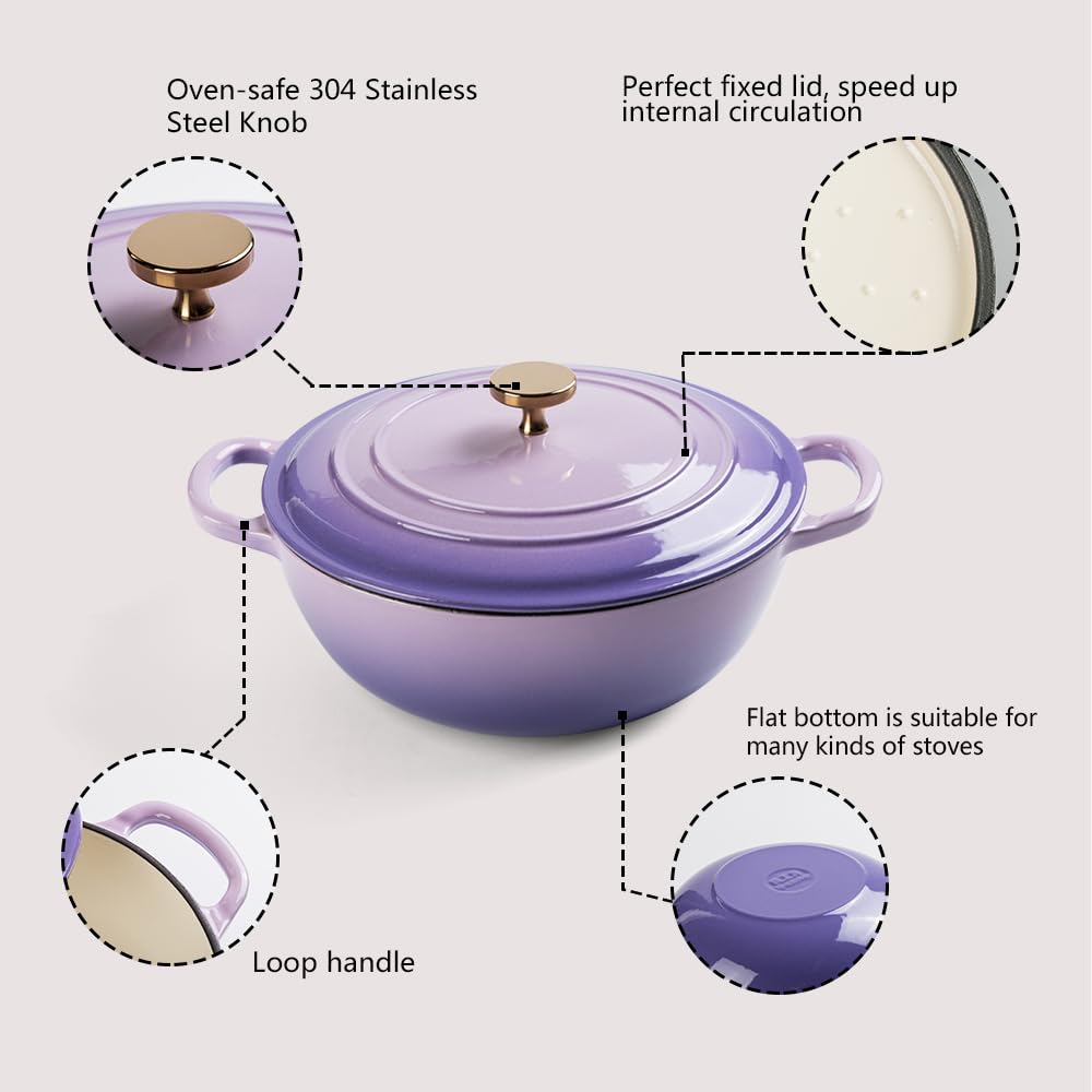 M-COOKER 4.5 Quart Dutch Oven Pot with Lid: Versatile Cast Iron Enamel Dutch Oven for Sourdough Bread Baking or Frying, Roasting, and Simmering(Purple), 13.7Lx10.2Wx6H