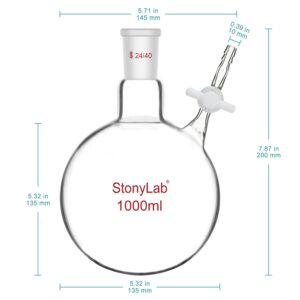 stonylab Reaction Flask, Borosilicate Glass Single-Neck Reaction Flask with 24/40 Joint and PTFE Stopcock Valve Round Bottom Flask, 1000 ml