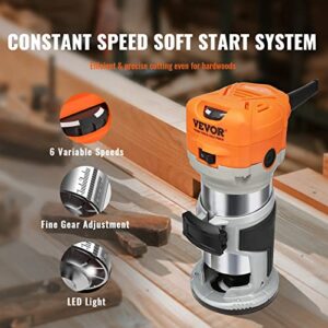 VEVOR Wood Router, 1.25HP 800W, Compact Wood Trimmer Router Tool, 30000RPM Max Speed 6 Variable Speeds, with 1/4'' & 5/16'' Collets 12 PCs Milling Cutters Dust Hood, for Woodworking Slotting Trimming