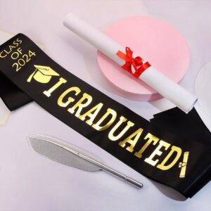 PENTA ANGEL Class Of 2024 Sash Finally Graduated 2024 Senior Cheerleader Satin Sash with Gold Letters for Celebration Graduation Party (Black)