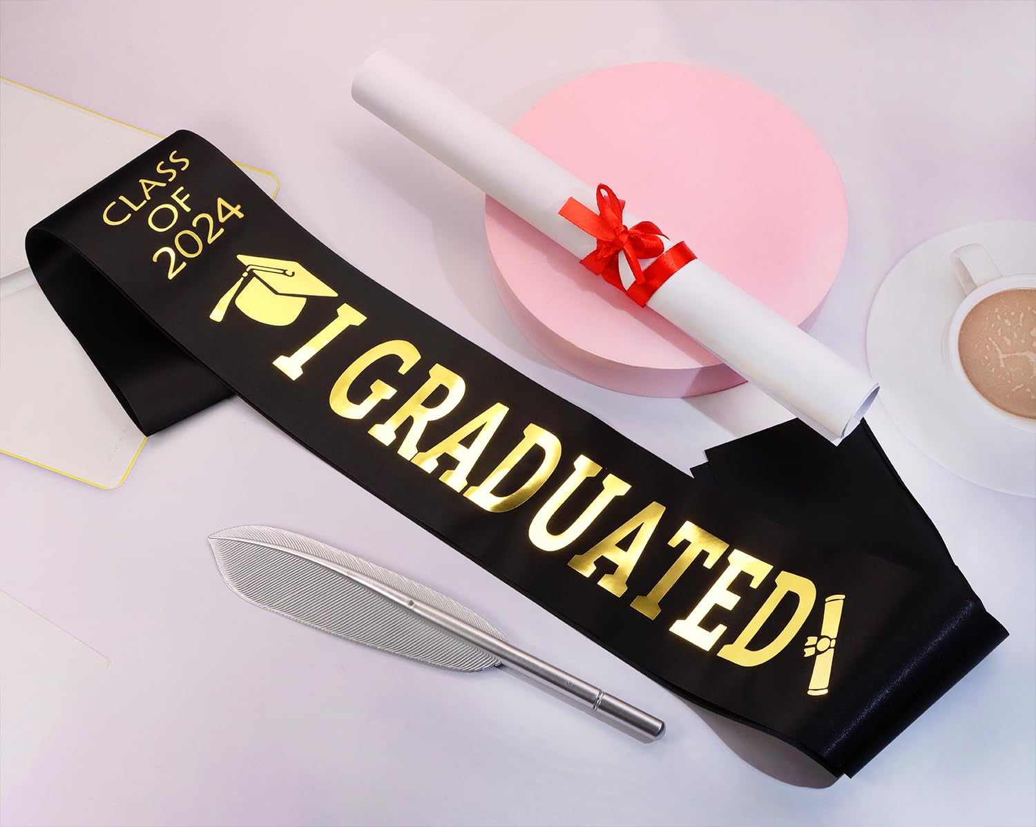 PENTA ANGEL Class Of 2024 Sash Finally Graduated 2024 Senior Cheerleader Satin Sash with Gold Letters for Celebration Graduation Party (Black)