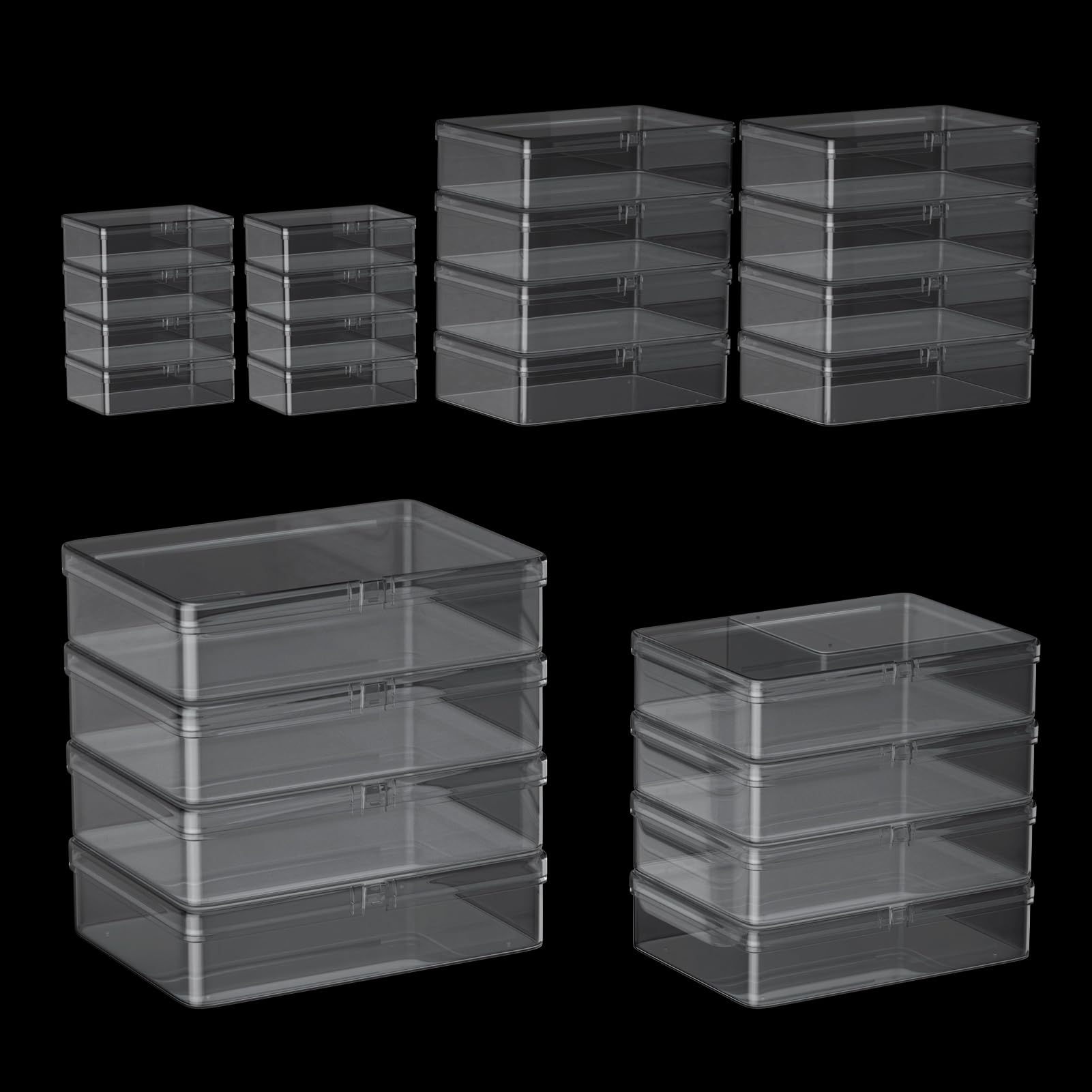 Oarolloy 16pcs Small Plastic Organizer Storage Boxes 4 Sizes Rectangle Clear Plastic Organizer Storage Box Mini Mini Empty Containers with Lids for Beads, Jewelry, Nail Art, Crafting