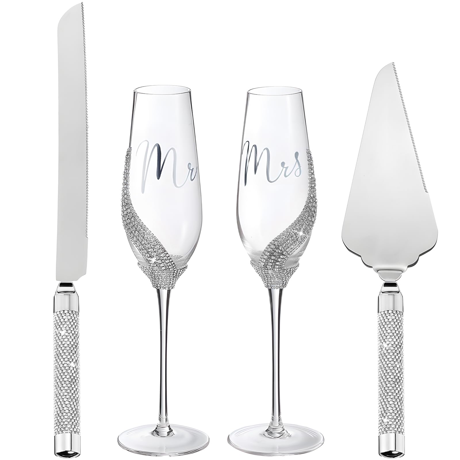 Sratte 4 Pcs Wedding Cake Knife and Champagne Flutes Server Set, Toasting Crystal Rhinestone Champagne Flutes Glasses Cake Knife Pie Server Wedding Gifts for Couple Bride Groom (Silver,Classic)