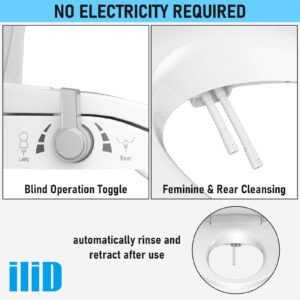 iliD Bidet Seats Bidet Toilet Seat, Elongated Toilet Seat, Non-Electric Self Cleaning Dual Nozzles, Quiet-Close, Easy Installation, Equipped With Water Filter, 1 Year Warranty