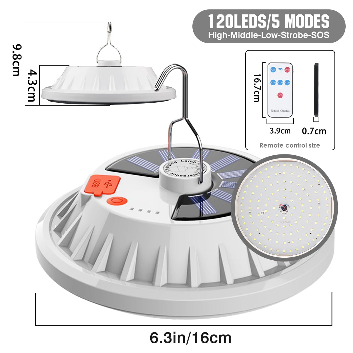 USB Solar Camping Light Remote Tent Light 2 Pack - 4000LM Portable LED Rechargeable Camping Lantern Hanging IPX4 Waterproof Emergency Light for Camping, Hiking, Power Failure, Hurricane (120 LEDs)