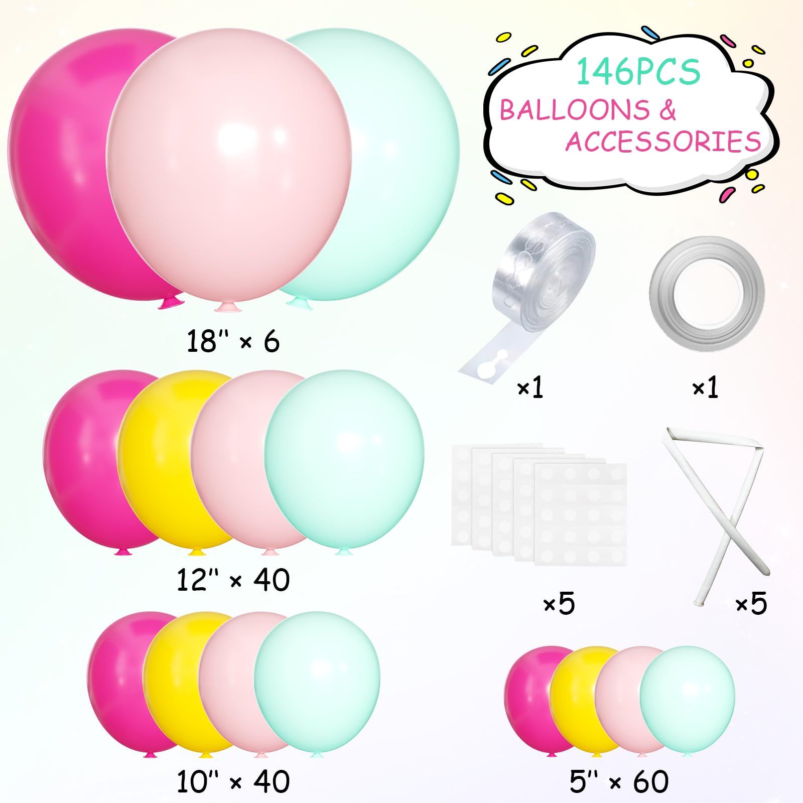 MEBAY Balloons Arch Kit, 146Pcs Matte Rose Red Tender Pink Macaron Green Yellow Latex Balloon Different Sizes 18 12 10 5 Inch for Birthday Baby Bridal Shower Wedding Party Backdrop Decorations