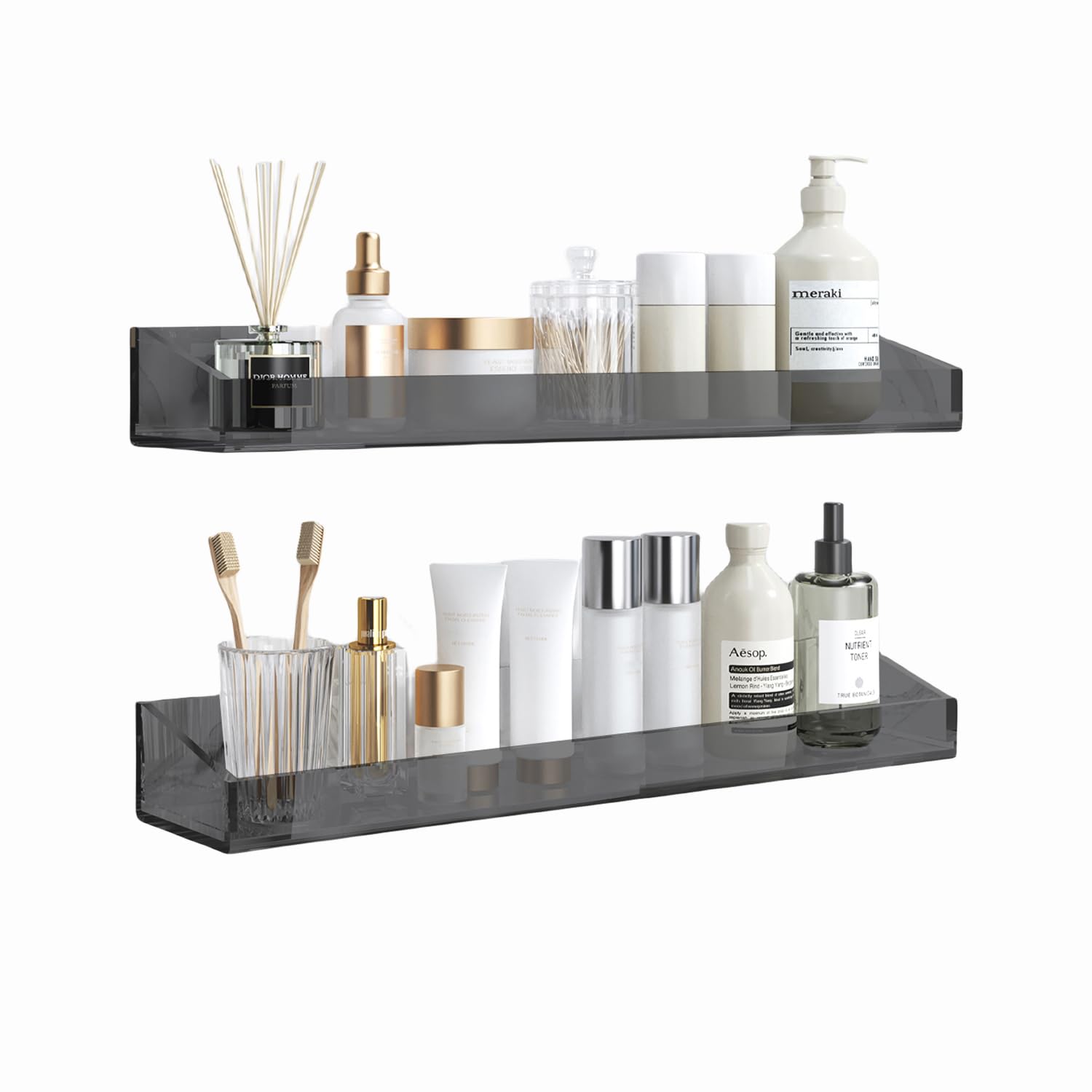 KATASKI 2 Pack Acrylic Bathroom Shelf, Wall Mounted No-Drill Thick Black Storage and Display Shelf, 15.7 in