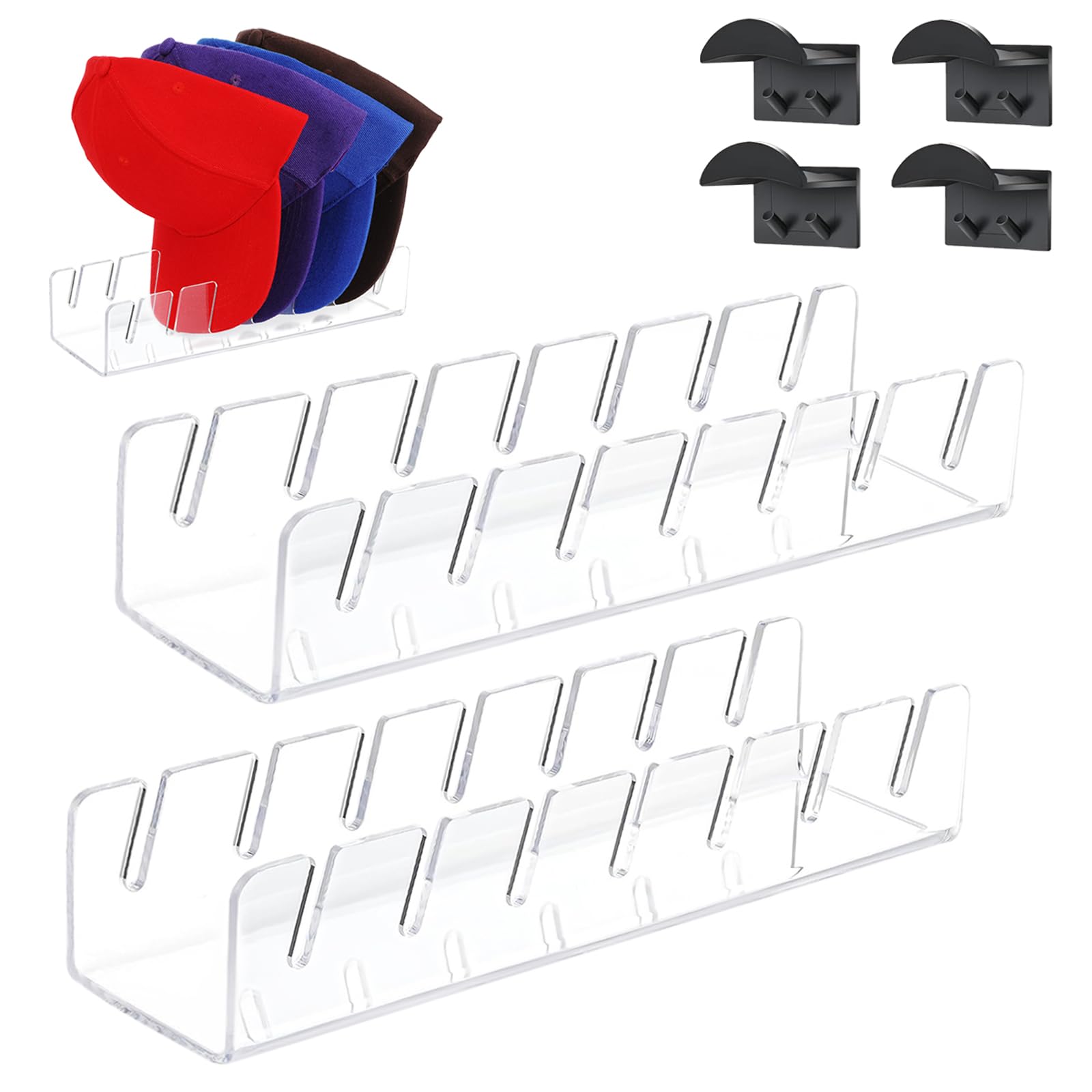 Flaegoye 2 Pack Hat Stand for Baseball Caps Display and Organizer, No Install Acrylic Hat Holder for 14 Baseball Caps, with 4 Pcs Adhesive Hat Hooks for Wall, Door, Closet, Bedroom