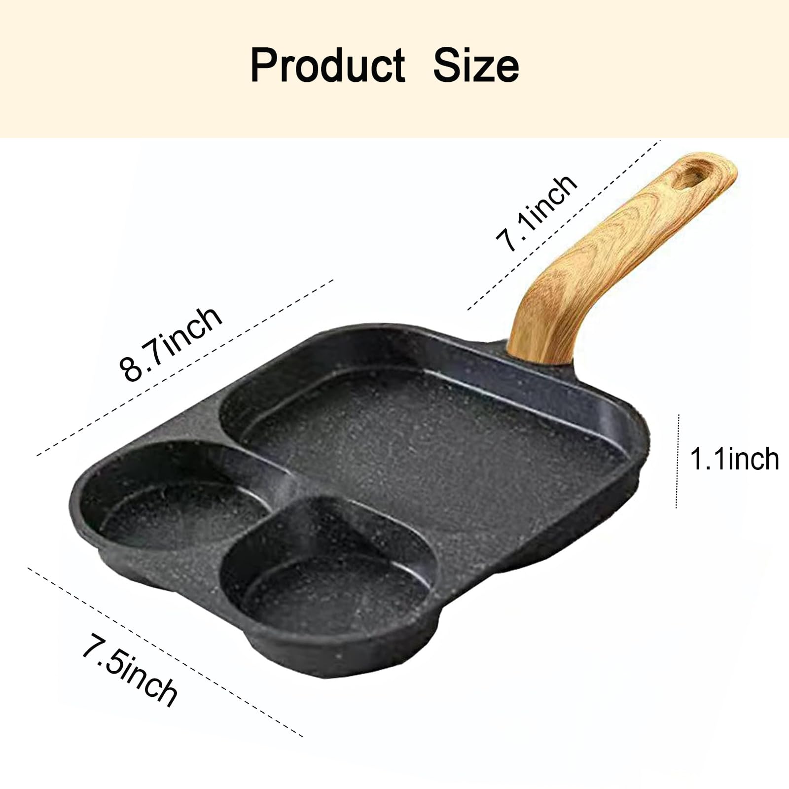 JUSTUP Nonstick Egg Frying Pan, 3-in-1 Nonstick Pan Divided Grill Frying Pan, Heat Resistant Handle 3 Section Skillet Mini Pancake Pan, Cooking Pan for Breakfast, Egg, Bacon and Burgers (Black)