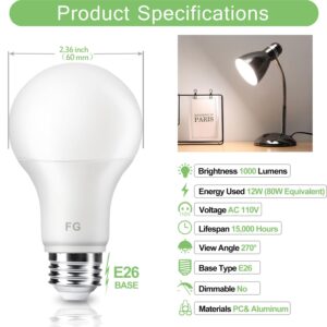 Furoching LED Light Bulb, 80 Watt Equivalent A19 LED Bulb, 12W 6500K Daylight White Non-Dimmable E26 Medium Base Light Bulbs for Home Bedroom Kitchen Living Room Office Lamp, Pack of 4