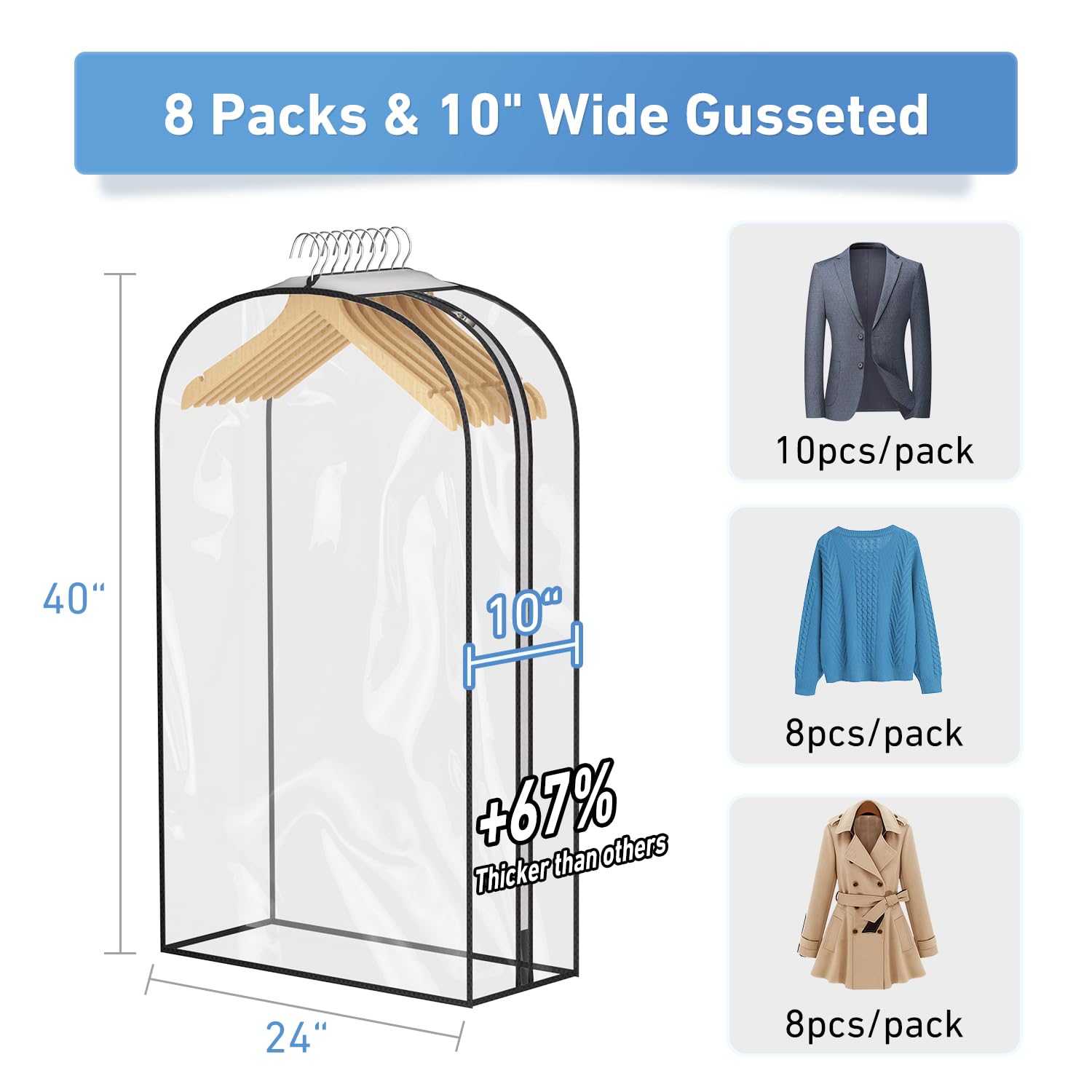 10" Gusseted All Clear Garment Bags, 40" Suit Bags for Closet Storage Hanging Clothes, Shirts, Coats, Dresses, 6 Packs