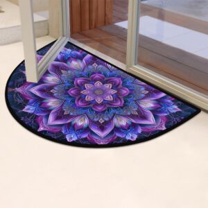 Purple Mandala Half Round Door Mat Indoor Entrance Boho Flower Washable Half Circle Area Rugs Non Slip Half Moon Rug Semi Circle Bathroom Rugs Floor Carpet for Kithen Bedroom Fireplace Decor