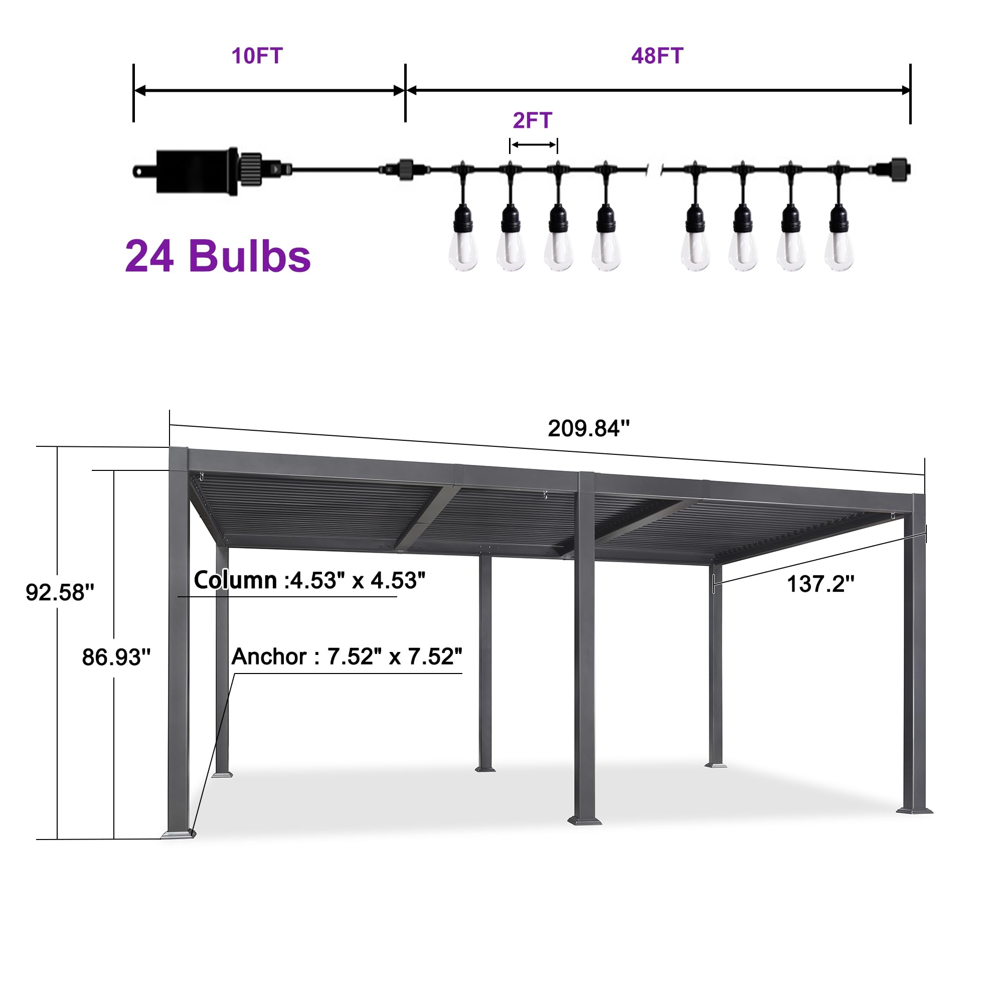 PURPLE LEAF Louvered Pergola with String Lights 11.4' x 17.5' Large Patio Aluminum Pergola with Independent Adjustable Rainproof Roof Hardtop Pergola for Outdoor Deck Garden Yard