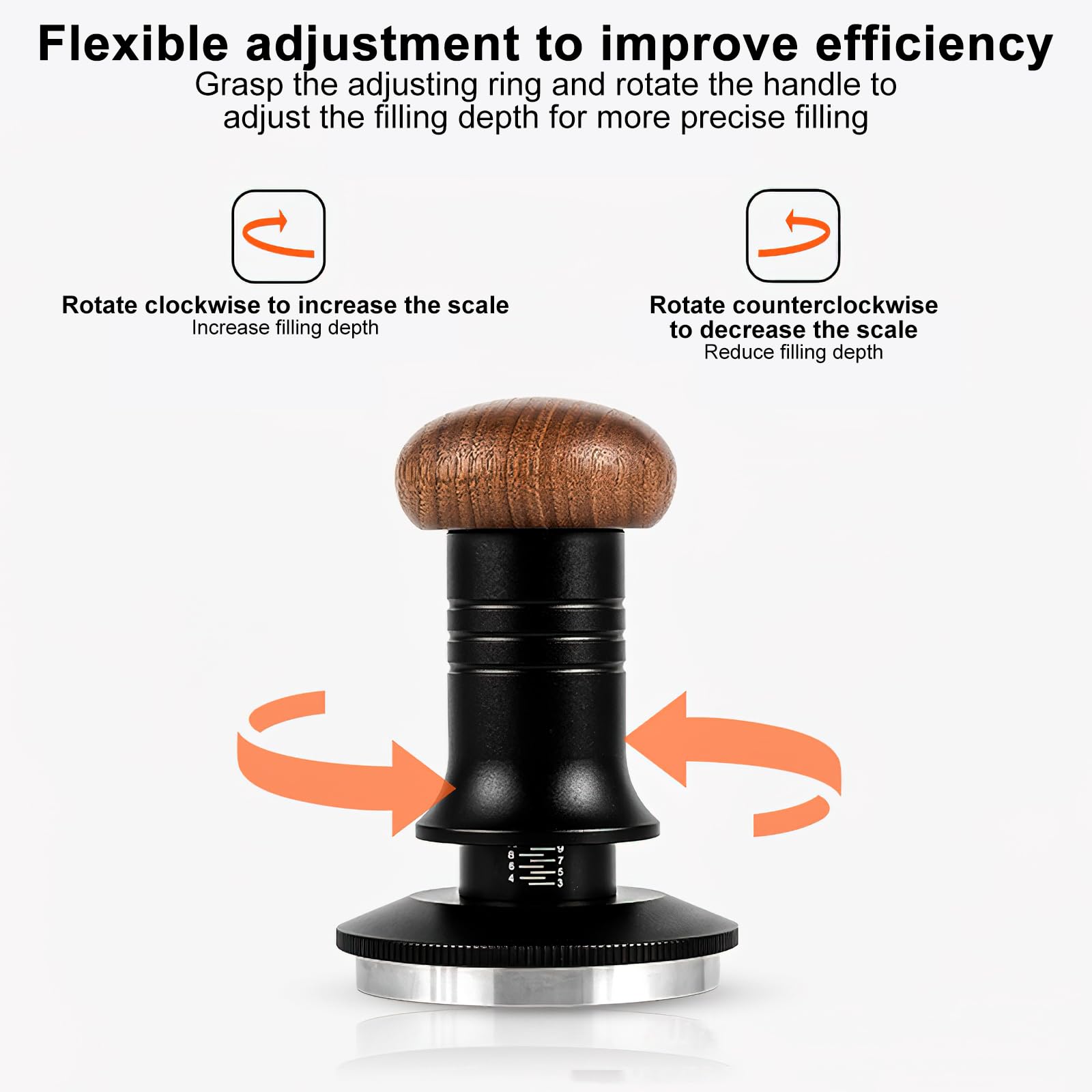 53mm Coffee Tamper, Espresso Tamper with Calibrated Spring Loaded, Constant 30lb Tamper Tool, Depth Adjustable, Stainless Steel Base Aluminum Handle and Walnut top Cover, Thread