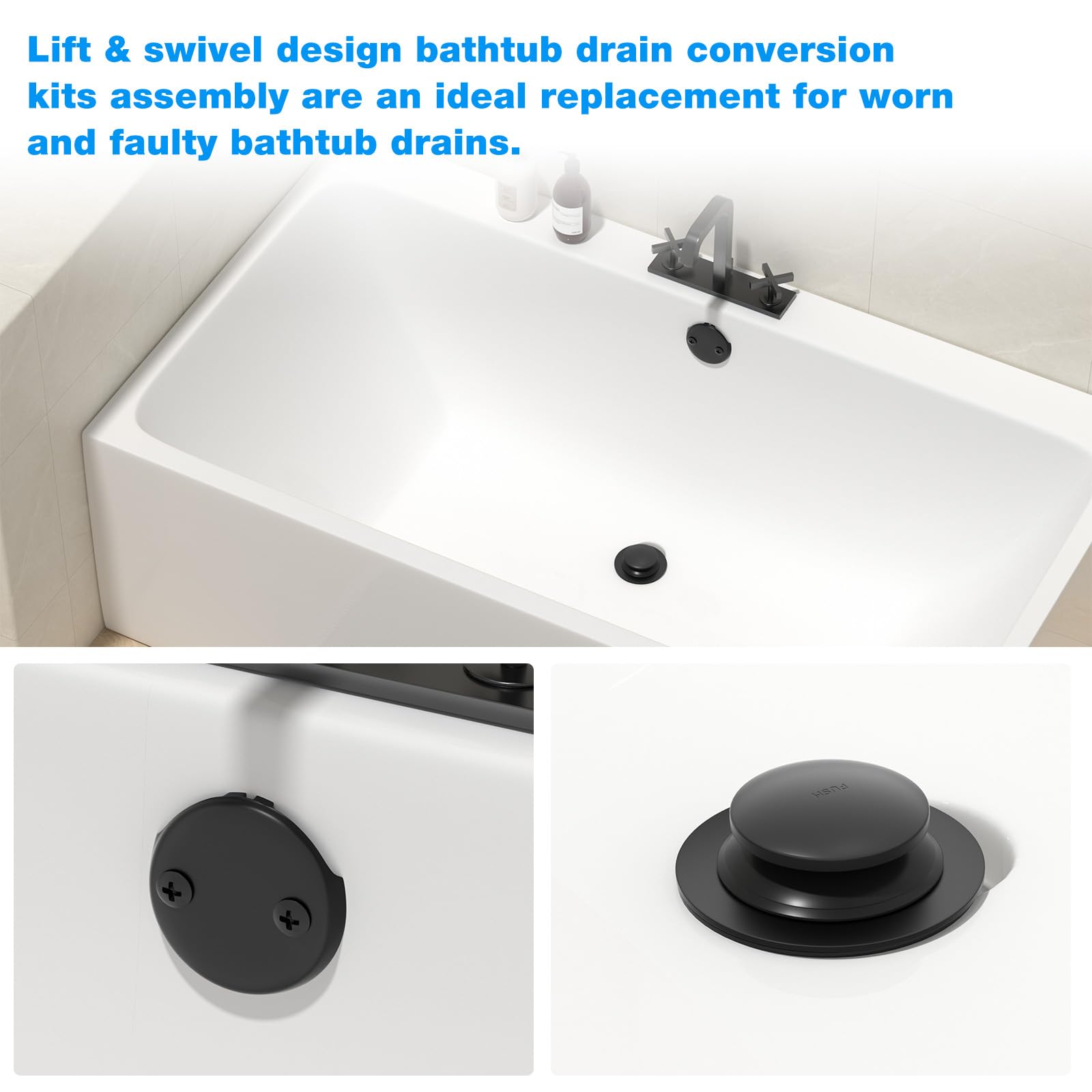 Black Bathtub Drain Kit- Tub Drain Conversion Kit- Black Bathtub Drain Overflow Kit-Brass Construction - Matte Black