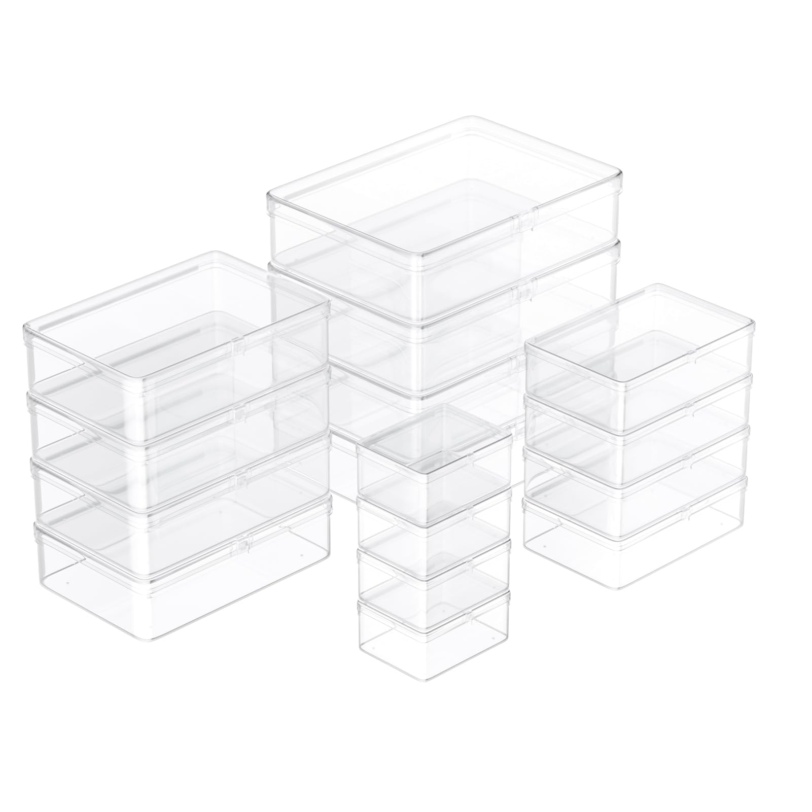 Oarolloy 16pcs Small Plastic Organizer Storage Boxes 4 Sizes Rectangle Clear Plastic Organizer Storage Box Mini Mini Empty Containers with Lids for Beads, Jewelry, Nail Art, Crafting