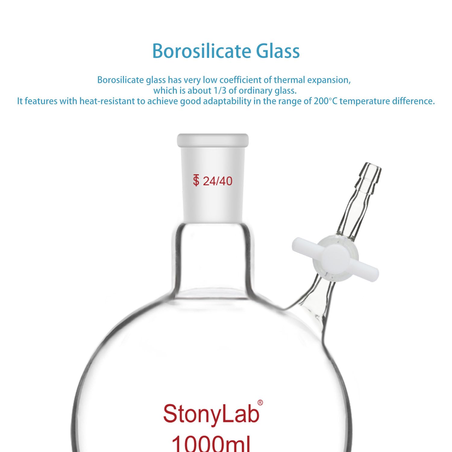 stonylab Reaction Flask, Borosilicate Glass Single-Neck Reaction Flask with 24/40 Joint and PTFE Stopcock Valve Round Bottom Flask, 1000 ml