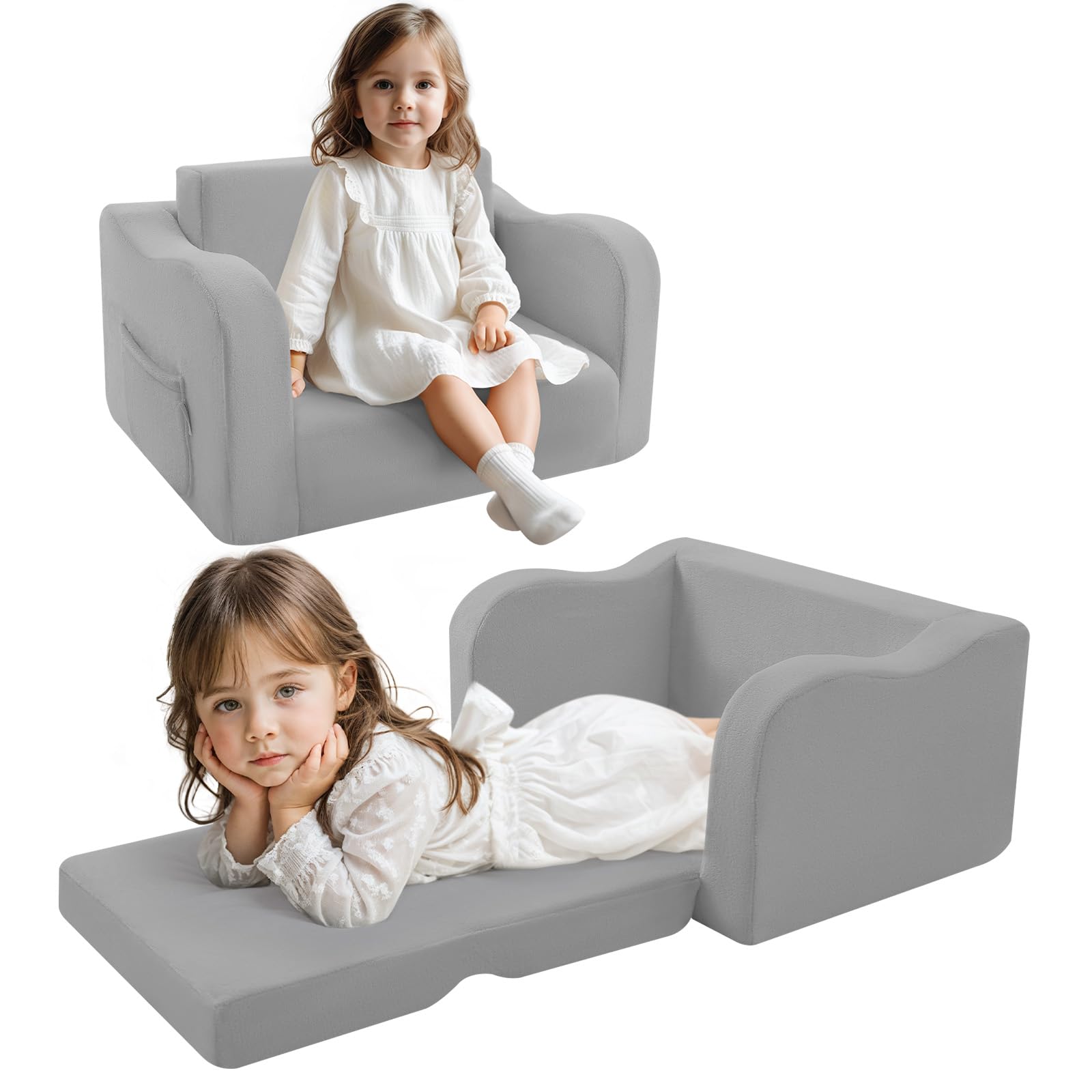 MeMoreCool Fold Out Kids Couch Toddler Chair, Comfy Baby Sofa Kid Lounge Chair for Toddlers 1-4, Convertible Child Recliner Foldable Children Couch Bed, Pull Out Chair for Boy Girl, Grey