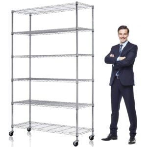 yrllensdan 6-tier steel storage 2100lbs capacity wire shelving w/wheels heavy duty metal shelves adjustable steel shelving shelving rack for kitchens garages,18"x48"x82", chrome